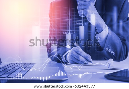 Double exposure businessman and stock market or forex graph suitable for financial investment concept. Economy trends background for business idea and all art work design. Abstract finance background.