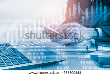 Double exposure businessman and stock market or forex graph suitable for financial investment concept. Economy trends background for business idea and all art work design. Abstract finance background.