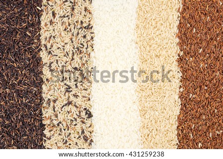 Jasmine rice, Brown rice, Red rice, Mixed rice and Riceberry texture for background.