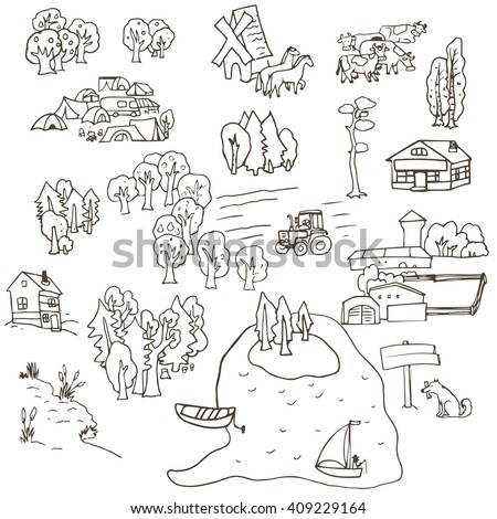 Elements Landscape Outline Doodle Sketch Outdoor Stock Vector 362788976 ...