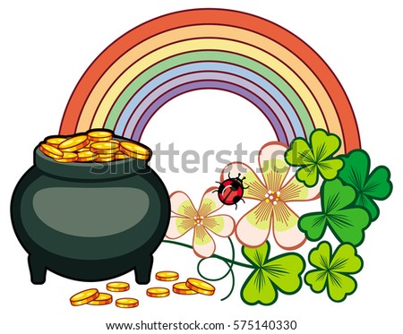 Holiday Label With Shamrock Rainbow And Leprechaun Pot Of Gold St Patrick Day