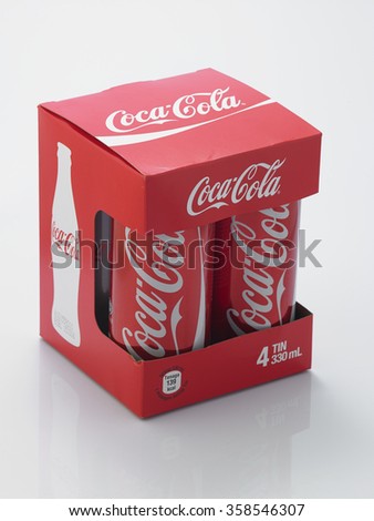 Kuala Lumpur Malaysia December 28, 2015,new slim and tall design of cocacola cans in a box