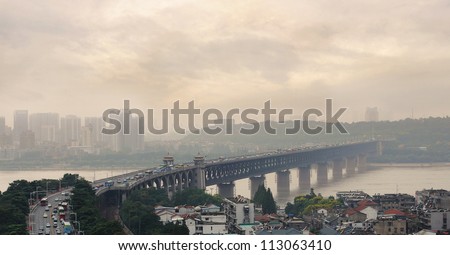 Air Pollution and Traffic on Bridge Number 1, the first bridge over the Yangzi River in Wuhan, Hubei Province, China