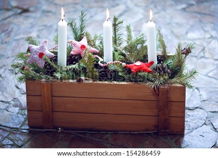 christmas decoration burning candles in a wooden box with fir branches and christmas fabric toys - Wooden Box Christmas Decorations christmas decoration burning candles in a wooden box with fir branches and christmas fabric toys - Wooden Box Christmas Decorations