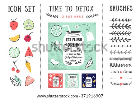 Detox posters and design elements. Template for scrapbooking, wrapping, notebooks, notebook, diary, decals, school accessories. Detox and healthy life. Vector illustrations