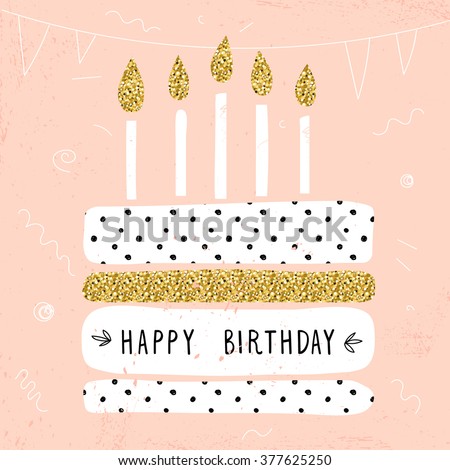 stock vector cute happy birthday card with cake and candles vector illustration 377625250