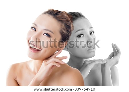 Concept of skin care woman before and after - portrait of the Asian woman face isolated on white background.
