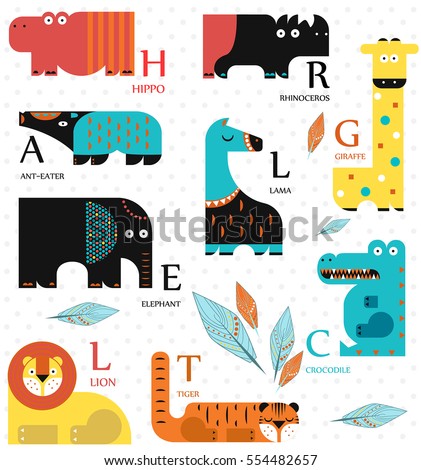 Vector illustration. Set of wild animals on a white background. Flat design. English alphabet. English letters.