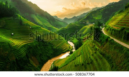 Mu Cang Chai, terraced rice field landscape near Sapa, Vietnam. Mu Cang Chai Rice Terrace Fields stretching across the mountainside in north Vietnam.