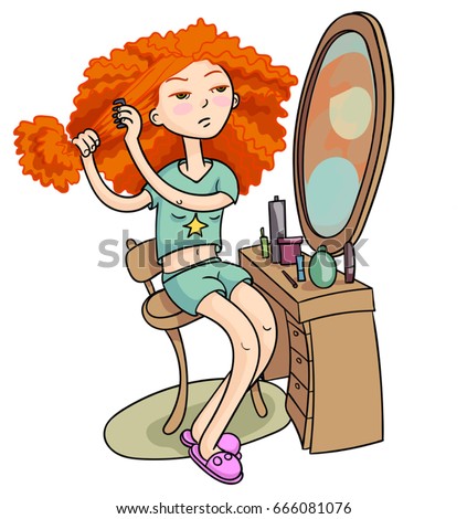 Curlyhaired Girl Looks Mirror Combs Hair Stock Vector 