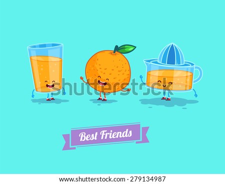 Breakfast. Funny characters orange, juice, glass. Best friends set. Vector illustration