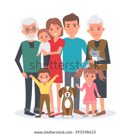 Big family vector illustration. Big family with children, parents, grandparents and pets. Family portrait isolated on white background.