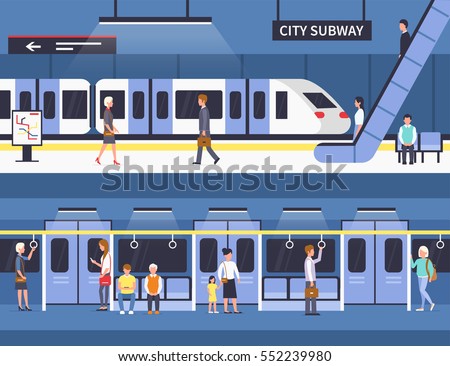 People in city subway. Passengers at subway station platform and inside underground train. Vector concept illustration. Infographic elements.