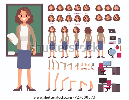 Teacher woman character constructor and objects for animation. Set of various women's poses, faces, mouth, hands, legs. Flat style vector illustration isolated on white background.