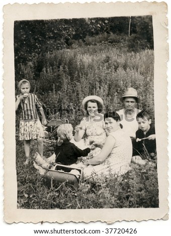Soviet citizens at the picnic. 50-s XX Century, USSR.