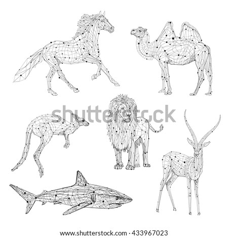 Low Poly Vector Animals Set Stylized Linear Wire Construction Concept Polygon Outline Isolated Illustrations