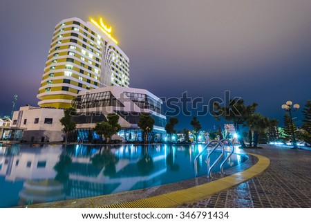 Bac Giang City, Bac Giang, Viet Nam. November 13 2015. Swimming pool at night in hotels Muong Thanh Bac Giang