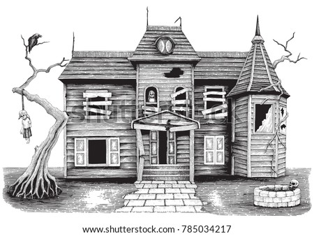 stock vector ghost house hand drawing vintage style isolate on white background halloween day symbol and 785034217