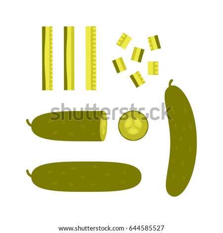 Sliced pieces of pickled cucumber. Concept of blanks and pickles. Flat vector illustration isolated on white background