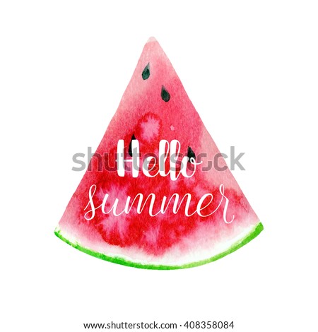 Hello summer greeting card, poster, print. Vector typographical background with Hand drawn watercolor watermelon slice abstract paint texture.