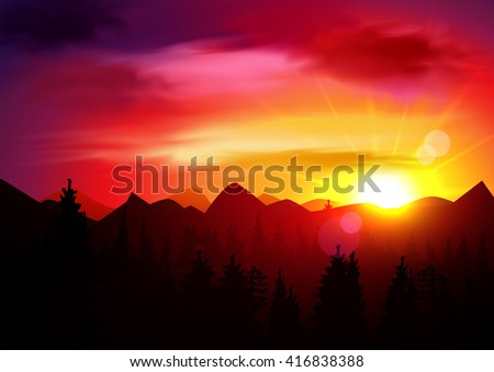Sunset Mountains Landscape. Sunrise Sky. Nature Background Template. Vector Panorama. The dawn sun over the mountains in the background and trees in the foreground.