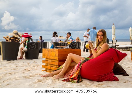 Beautiful Girl Sitting Beach Bar Long Stock Photo Royalty Free 495309766 Shutterstock