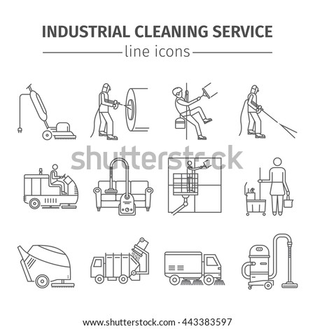 Industrial Cleaning Service. Worker. Vacuum Scrubber. Sweeper Machines. Thin line icon set. Vector illustration.