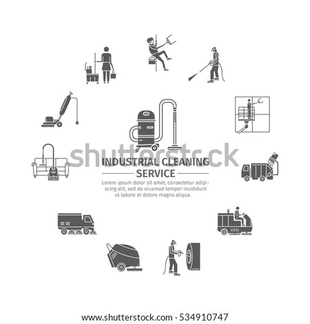 Industrial Cleaning Service. Worker. Vacuum Scrubber. Sweeper Machines. Pictograms set. Vector illustration.