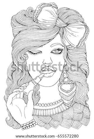Hand Drawn Stylish Young Girl With A Bow On Her Head Applying Make Up