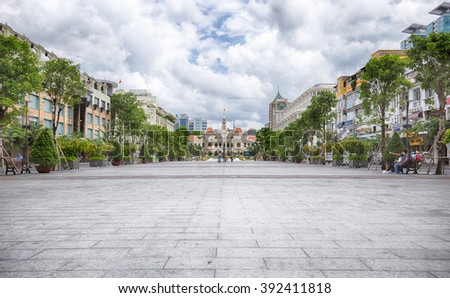 HO CHI MINH CITY, VIETNAM JULY 12 2015: Nguyen Hue Street have been renovated, located in District 1 is a major focal point of city life, with a pedestrian mall, restaurants, shops and major hotels.