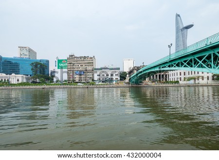 Ho Chi Minh City, Vietnam - June 03, 2016: Downtown of Ho Chi Minh City central with Historical Mong Bridge and Khanh Hoi Bridge, connect traffic between District 1 and District 4.