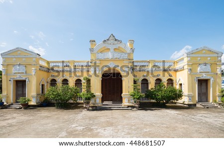 Tien Giang, Vietnam - July 02, 2016: Go Cong ancient town in Tien Giang province is known as a city village built in the architectural style of the ancient Vietnamese towns.
