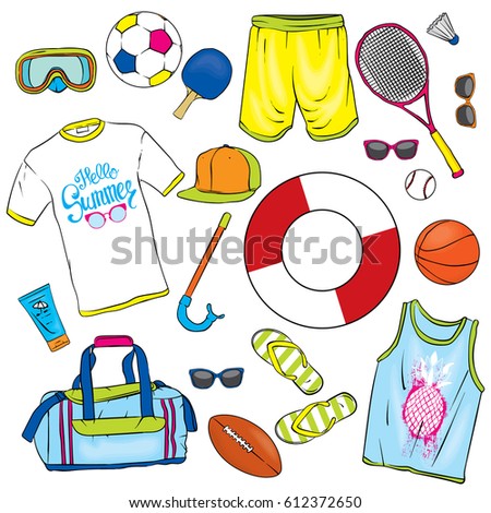 A Set Of Summer Clothes And Attributes Beach Retreat Vector Illustration For Postcard A Set Of Summer Clothes And Attributes Beach Retreat Vector Illustration For Postcard