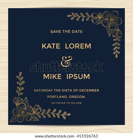 Save the date, wedding invitation card template with hand drawn flower in golden and navy blue color. Minimal design. Vector illustration.