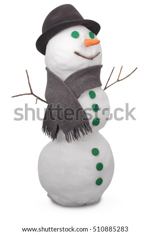 White snowman with scarf and felt hat. On white background. Clipping path.