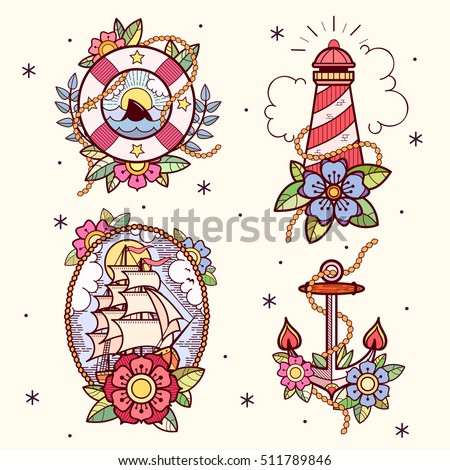 stock vector set of old school tattoos with lifebuoy lighthouse ship and anchor tradition tattoo ink design 511789846