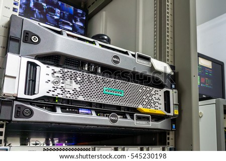 CHIANG MAI,THAILAND - DECEMBER 30,2016: Dell Logo on Computer Server cover. Computer Server in rank.