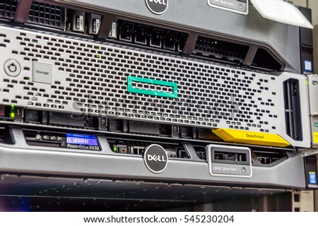 CHIANG MAI,THAILAND - DECEMBER 30,2016: Dell Logo on Computer Server cover. Computer Server in rank.