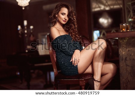 Beauty Young Brunette Woman Sitting Bar Stock Photo 