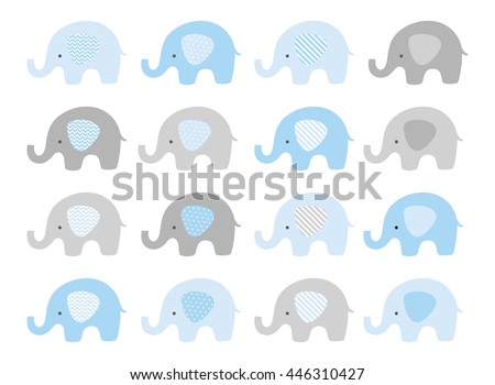 Cute elephant vector set. Vector elephants with patterned ears. Blue and Gray.