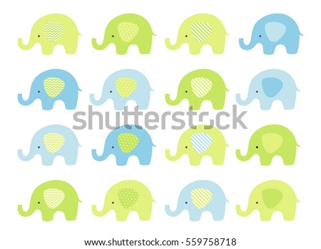 Cute baby elephant set. Vector elephants with patterned ears. Blue and Green.