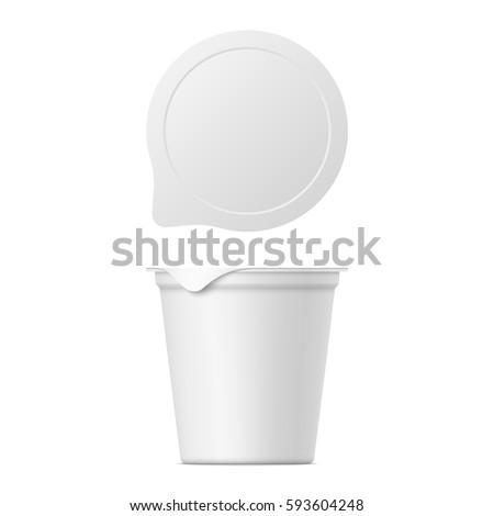 Vector realistic yogurt, ice cream or sour creme package on white background. 3D mock up of container with lid isolated. Template for your design. Top and front view.
