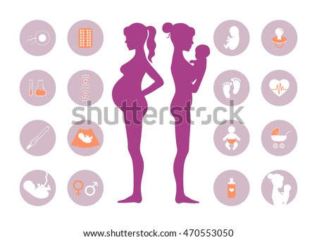 Pregnancy and newborn baby icons set. Pregnancy and birth infographics element. Vector illustration of pregnant female silhouettes. Baby care, mother birth illustration.