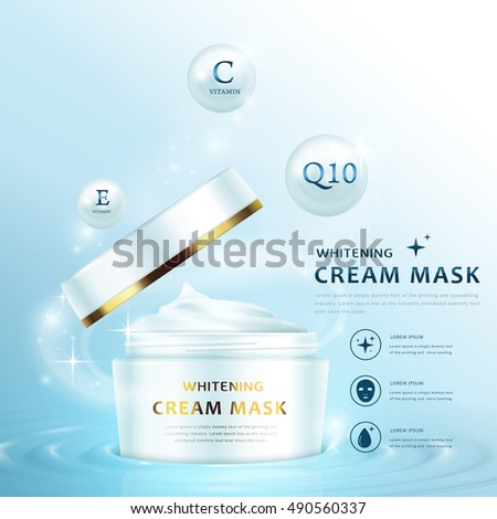 Cream mask ad template, blank cream container design with open lid, 3D illustration isolated on light blue background