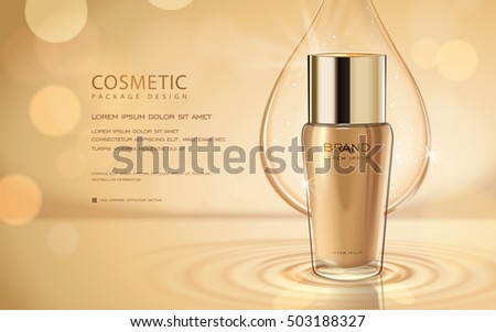 Cosmetic ads template, glass bottle with lotion or essence oil isolated on bokeh background. 3D illustration.