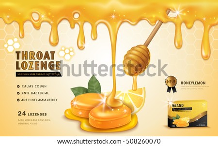 Honey lemon throat lozenge, ads template and package design for sore throat. Honey dripping from top. 3D illustration.