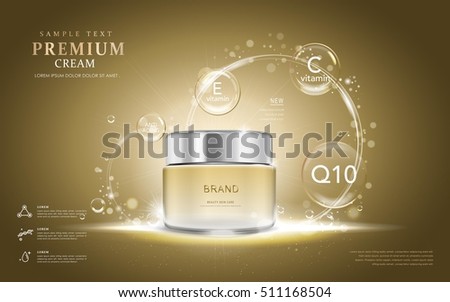 Premium cream ads, translucent cream bottle with ingredients on the bubbles. 3D illustration.