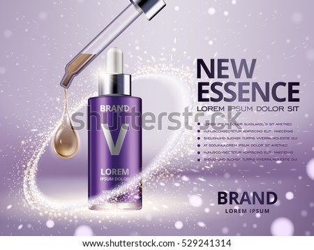 essence contained in purple droplet bottle surrounded by light ring with purple background, 3d illustration