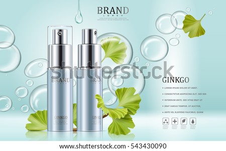 Ginkgo cosmetic ads, blue spray bottles with ginkgo biloba leaves and clear essence drop, 3d illustration
