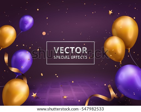 Holiday decoration frame, golden and purple balloons frame with gold particles isolated on purple background